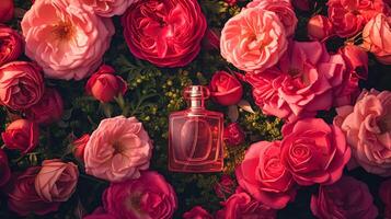 ai gerado perfume garrafa dentro flores, fragrância em florescendo fundo, floral odor e Cosmético produtos foto