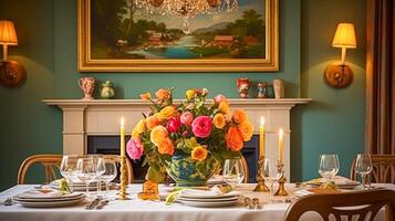 ai gerado feriado celebração mesa decoração, festivo paisagem de mesa dentro jantar sala, velas e flores decoração para formal família jantar dentro a Inglês país casa, campo interior Projeto foto