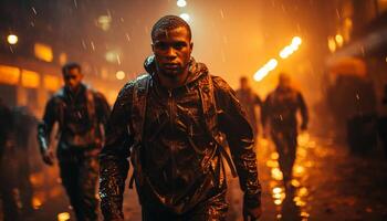 ai gerado período noturno militares multidão caminhando dentro molhado cidade gerado de ai foto