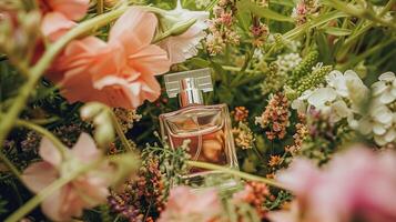 ai gerado perfume garrafa dentro flores, fragrância em florescendo fundo, floral odor e Cosmético produtos foto