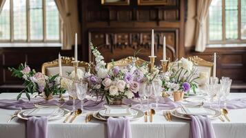 ai gerado Casamento decoração com lavanda tema, floral decoração Projeto e lindo decoração configuração arranjo foto