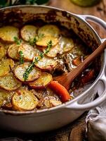 ai gerado batata assar em linha reta a partir de a forno, em camadas com dourado, com bordas crocantes fatias e enfeitado com perfumado fresco ervas, apresentado dentro uma clássico louça de barro prato foto