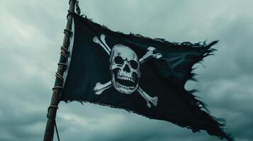 ai gerado pirata bandeira com crânio e ossos em nublado céu fundo foto