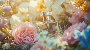 ai gerado perfume garrafa dentro flores, fragrância em florescendo fundo, floral odor e Cosmético produtos foto