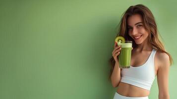 ai gerado saudável mulher segurando vegetal suco em verde fundo foto