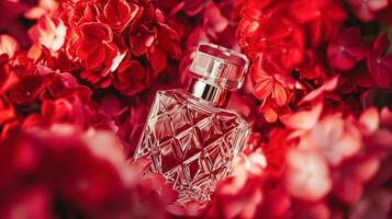 ai gerado perfume garrafa dentro flores, fragrância em florescendo fundo, floral odor e Cosmético produtos foto