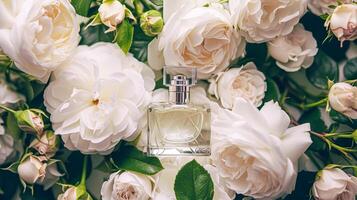 ai gerado perfume garrafa dentro flores, fragrância em florescendo fundo, floral odor e Cosmético produtos foto