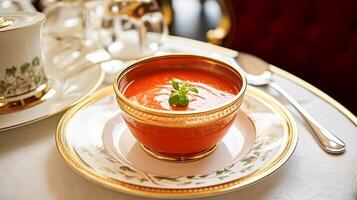 ai gerado tomate creme sopa dentro uma restaurante, Inglês campo requintado cozinha cardápio, culinária arte Comida e bem jantar foto