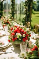 ai gerado país paisagem de mesa, formal jantar mesa contexto, mesa escapar com morango decoração para Casamento festa e feriado evento celebração, generativo ai foto