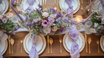 Casamento decoração com lavanda tema, floral decoração Projeto e lindo decoração configuração arranjo foto