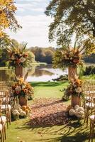 ai gerado Casamento corredor, floral decoração e casamento cerimônia, outonal flores e decoração dentro a Inglês campo jardim, outono país estilo foto