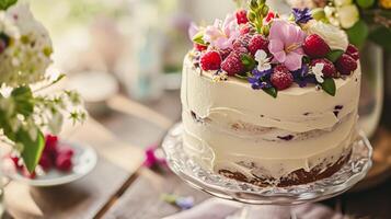 ai gerado aniversário paisagem de mesa ou doce Barra com doces, aniversário bolo e bolos de copo, lindo festa celebração foto