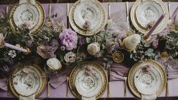 ai gerado Casamento decoração com lavanda tema, floral decoração Projeto e lindo decoração configuração arranjo foto