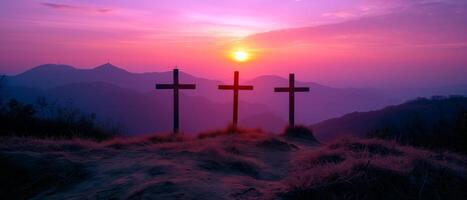 ai gerado crucificação e ressurreição do Jesus às pôr do sol. três de madeira cruzes contra lindo pôr do sol dentro a montanhas. catolicismo símbolos. Páscoa conceito. foto