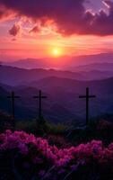 ai gerado crucificação e ressurreição do Jesus às pôr do sol. três de madeira cruzes contra lindo pôr do sol dentro a montanhas. catolicismo símbolos. Páscoa conceito. foto