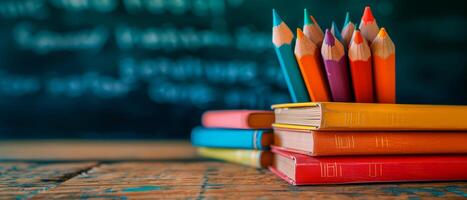 ai gerado colorida lápis e livros sobre borrado Sala de aula com esvaziar espaço para texto. costas para escola conceito. foto