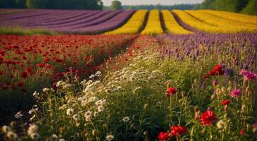 ai gerado lindo flor campo, verão cena, lindo flores dentro a campo, verde natureza, panorâmico Visão foto