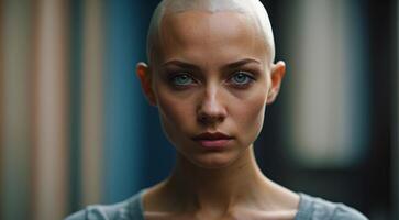 ai gerado retrato do uma bonita Calvo mulher em fundo, verde ou azul olhos, careca garota, Câncer mulher, retrato do careca mulher foto