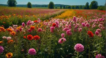 ai gerado lindo flor campo, verão cena, lindo flores dentro a campo, verde natureza, panorâmico Visão foto