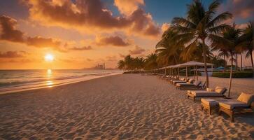 ai gerado pôr do sol às a miami praia, miami de praia cena, fantástico Visão do a praia, pôr do sol sobre a de praia foto