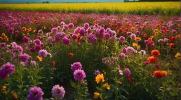 ai gerado lindo flor campo, verão cena, lindo flores dentro a campo, verde natureza, panorâmico Visão foto