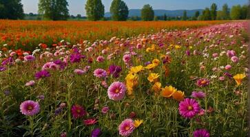 ai gerado lindo flor campo, verão cena, lindo flores dentro a campo, verde natureza, panorâmico Visão foto