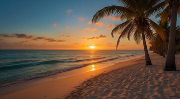 ai gerado pôr do sol às a miami praia, miami de praia cena, fantástico Visão do a praia, pôr do sol sobre a de praia foto