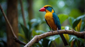 ai gerado colori lindo pássaro sentado em a árvore dentro a selva, colori selvagem pássaro, colori selvagem pássaro sentado em a ramo do árvore dentro selva foto