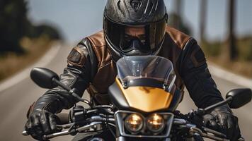 ai gerado fechar-se do uma motociclista em motocicleta, motociclista equitação uma bicicleta, motociclista com capacete foto
