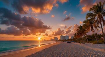 ai gerado pôr do sol às a miami praia, miami de praia cena, fantástico Visão do a praia, pôr do sol sobre a de praia foto