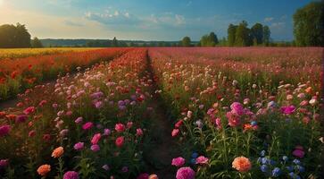 ai gerado lindo flor campo, verão cena, lindo flores dentro a campo, verde natureza, panorâmico Visão foto