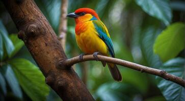 ai gerado colori lindo pássaro sentado em a árvore dentro a selva, colori selvagem pássaro, colori selvagem pássaro sentado em a ramo do árvore dentro selva foto