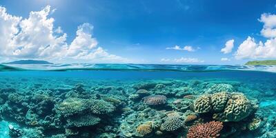 ai gerado ótimo barreira recife em a costa do queensland, Austrália seascape. coral mar marinho ecossistema embaixo da agua Dividido Visão com uma azul luz do dia céu papel de parede fundo foto
