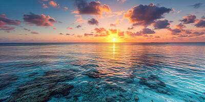 ai gerado ótimo barreira recife em a costa do queensland, Austrália seascape. coral mar marinho ecossistema papel de parede fundo às pôr do sol, com a laranja roxa céu dentro a tarde dourado hora foto
