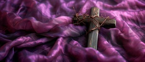 ai gerado madeira Cruz e uma coroa do espinhos sobre suave roxa tecido para Páscoa. catolicismo símbolo. foto
