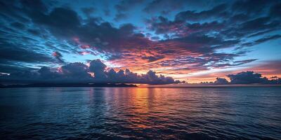 ai gerado calma mar pôr do sol panorama. roxo, rosa, laranja fogosa dourado hora tarde céu dentro a horizonte. atenção plena, meditação, calma, serenidade, relaxamento conceito papel de parede fundo foto