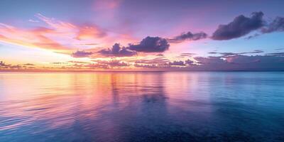 ai gerado calma mar pôr do sol panorama. roxo, rosa, laranja fogosa dourado hora tarde céu dentro a horizonte. atenção plena, meditação, calma, serenidade, relaxamento conceito papel de parede fundo foto