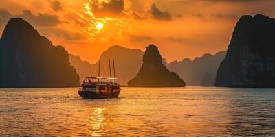 ai gerado ha grandes baía, Halong baía mundo herança site, calcário ilhas, esmeralda águas com barcos dentro província, Vietnã. pôr do sol, viagem destino, natural maravilha panorama fundo papel de parede foto