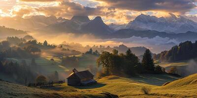 ai gerado suíço Alpes Nevado montanha alcance com vales e prados, campo dentro Suíça panorama. dourado hora majestoso fogosa pôr do sol céu, viagem destino papel de parede fundo foto