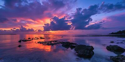 ai gerado ótimo barreira recife em a costa do queensland, Austrália rochoso de praia seascape. pedras e seixos, roxa e laranja dourado hora pôr do sol tarde céu horizonte mar papel de parede fundo foto