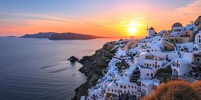 ai gerado santorini Thira ilha dentro sulista egeu mar, Grécia pôr do sol. fira e oia Cidade com branco casas negligenciar penhascos, praias, e pequeno ilhas panorama fundo papel de parede foto