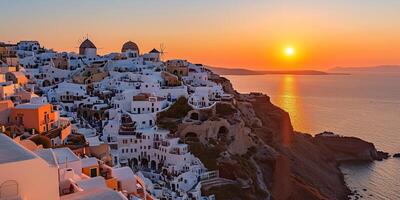 ai gerado santorini Thira ilha dentro sulista egeu mar, Grécia pôr do sol. fira e oia Cidade com branco casas negligenciar penhascos, praias, e pequeno ilhas panorama fundo papel de parede foto