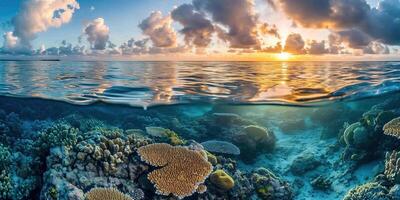 ai gerado ótimo barreira recife em a costa do queensland, Austrália seascape. coral marinho ecossistema embaixo da agua Dividido visualizar, dourado hora pôr do sol tarde céu papel de parede fundo foto