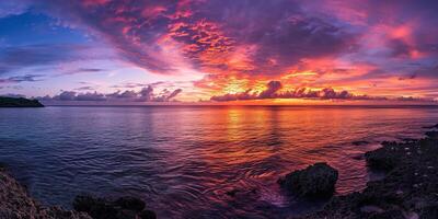 ai gerado calma mar pôr do sol panorama. roxo, rosa, laranja fogosa dourado hora tarde céu dentro a horizonte. atenção plena, meditação, calma, serenidade, relaxamento conceito papel de parede fundo foto