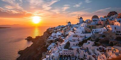 ai gerado santorini Thira ilha dentro sulista egeu mar, Grécia pôr do sol. fira e oia Cidade com branco casas negligenciar penhascos, praias, e pequeno ilhas panorama fundo papel de parede foto