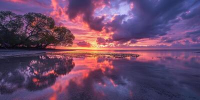 ai gerado calma mar pôr do sol panorama. roxo, rosa, laranja fogosa dourado hora tarde céu dentro a horizonte. atenção plena, meditação, calma, serenidade, relaxamento conceito papel de parede fundo foto