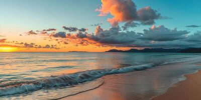 ai gerado calma mar pôr do sol panorama. roxo, rosa, laranja fogosa dourado hora tarde céu dentro a horizonte. atenção plena, meditação, calma, serenidade, relaxamento conceito papel de parede fundo foto