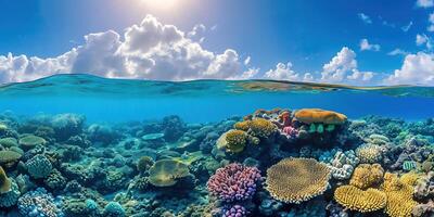 ai gerado ótimo barreira recife em a costa do queensland, Austrália seascape. coral mar marinho ecossistema embaixo da agua Dividido Visão com uma azul luz do dia céu papel de parede fundo foto