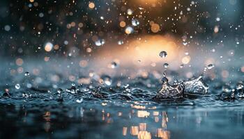 ai gerado fechar-se do chuva gotas espirrando dentro dentro uma poça. chuvoso estação outono dentro uma cidade macro tomada, dourado hora pôr do sol iluminação, inspirador, revigorante humor foto