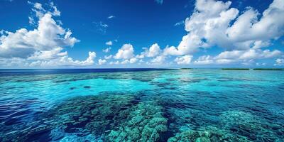 ai gerado ótimo barreira recife em a costa do queensland, Austrália seascape. coral mar marinho ecossistema papel de parede com azul nublado céu dentro a luz do dia foto